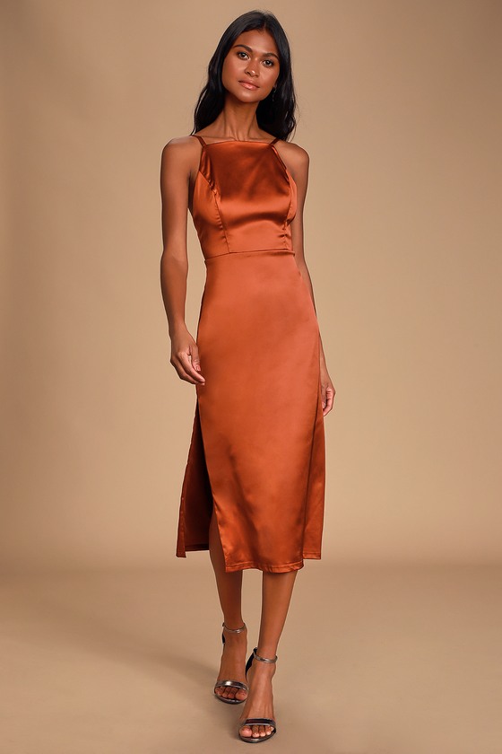 Rust Orange Satin Dress - Backless ...